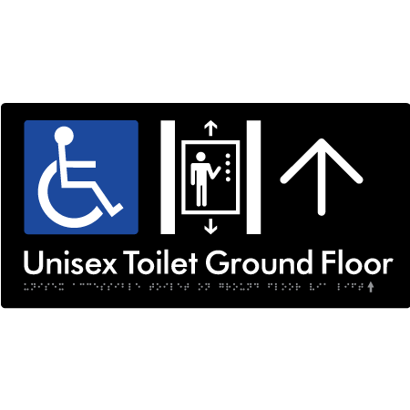 Unisex Accessible Toilet on Ground Floor Via Lift with Large Directional Arrow - Braille Tactile Signs Aust.