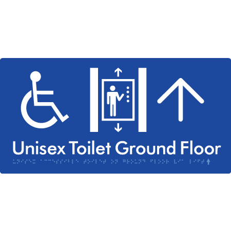 Unisex Accessible Toilet on Ground Floor Via Lift with Large Directional Arrow - Braille Tactile Signs Aust.