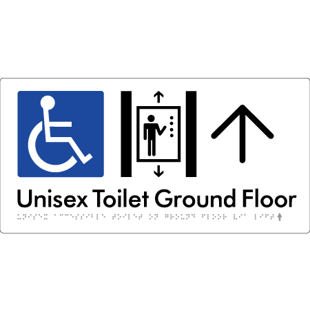 Unisex Accessible Toilet on Ground Floor Via Lift with Large Directional Arrow - Braille Tactile Signs Aust.