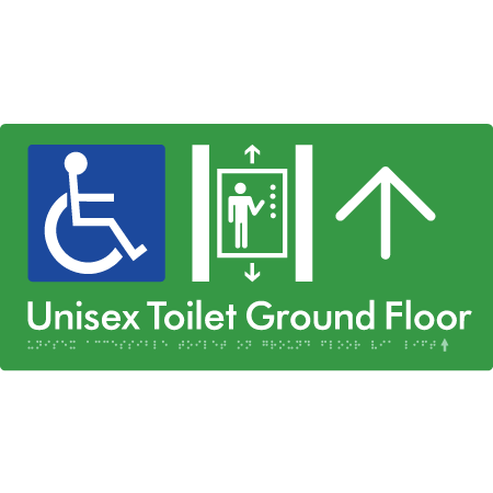 Unisex Accessible Toilet on Ground Floor Via Lift with Large Directional Arrow - Braille Tactile Signs Aust.