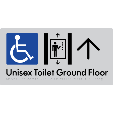 Unisex Accessible Toilet on Ground Floor Via Lift with Large Directional Arrow - Braille Tactile Signs Aust.