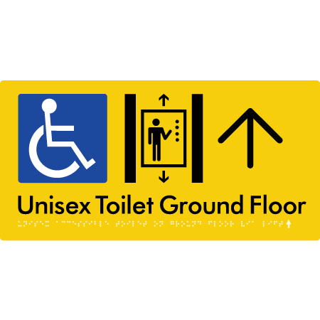 Unisex Accessible Toilet on Ground Floor Via Lift with Large Directional Arrow - Braille Tactile Signs Aust.