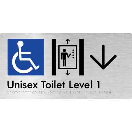 Unisex Accessible Toilet on Level 1 Via Lift w/ Large Arrow - Braille Tactile Signs Aust.