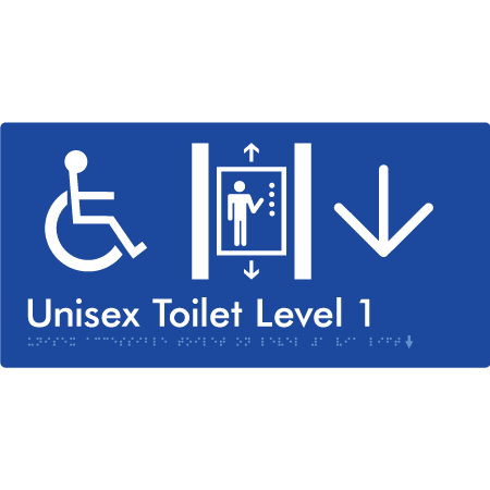 Unisex Accessible Toilet on Level 1 Via Lift w/ Large Arrow - Braille Tactile Signs Aust.