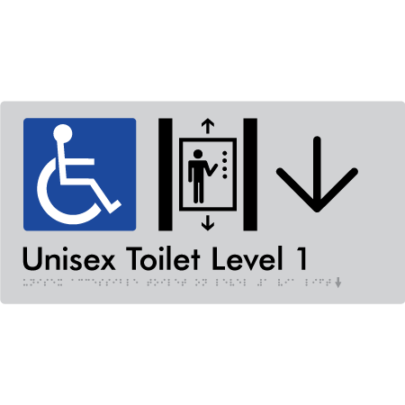 Unisex Accessible Toilet on Level 1 Via Lift w/ Large Arrow - Braille Tactile Signs Aust.