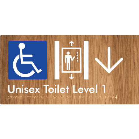 Unisex Accessible Toilet on Level 1 Via Lift w/ Large Arrow - Braille Tactile Signs Aust.