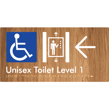 Unisex Accessible Toilet on Ground Floor Via Lift with Large Directional Arrow - Braille Tactile Signs Aust.
