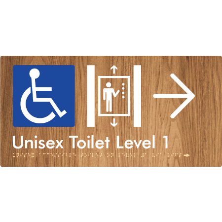 Unisex Accessible Toilet on Ground Floor Via Lift with Large Directional Arrow - Braille Tactile Signs Aust.