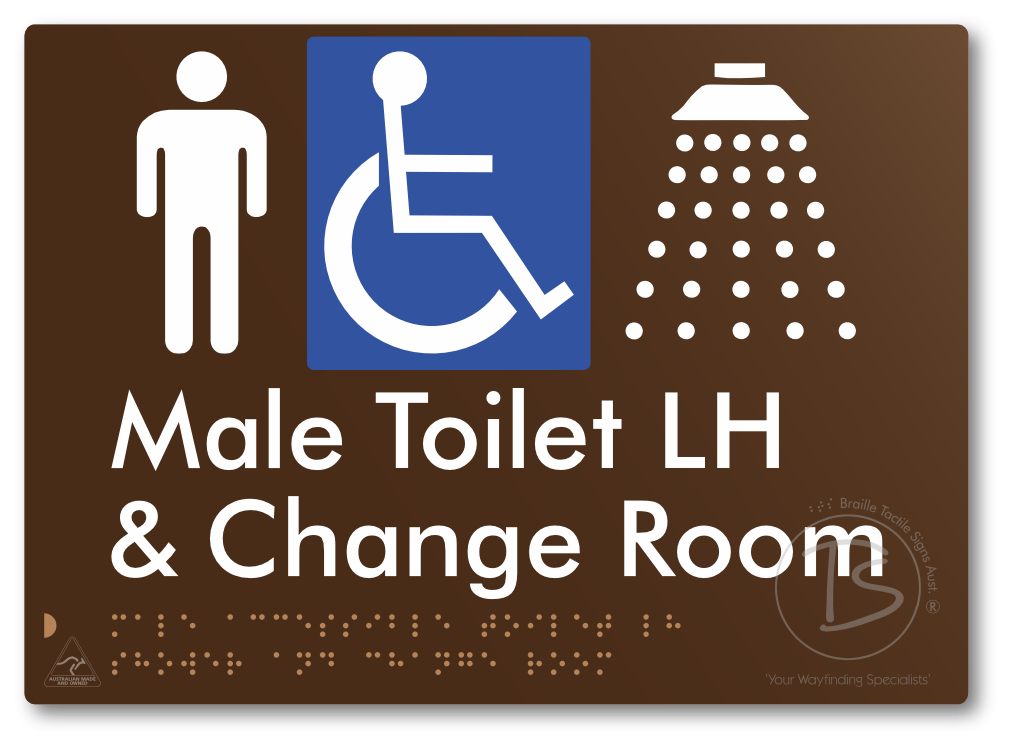 Male Accessible Toilet LH Shower & Change Room - Braille Tactile Signs Aust.