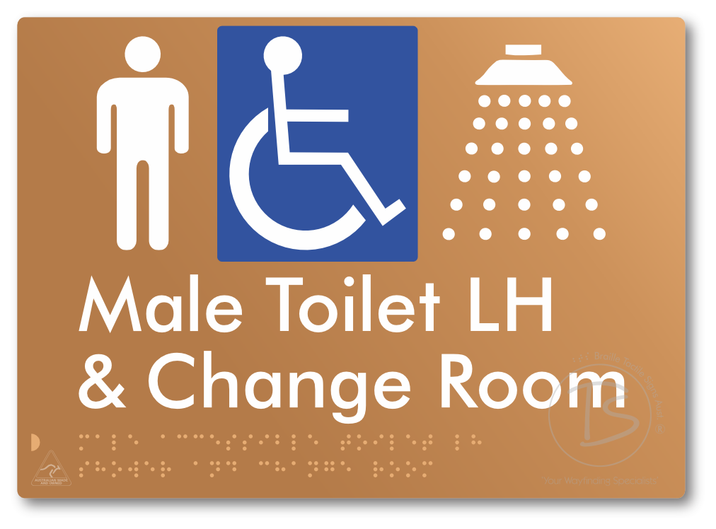 Male Accessible Toilet LH Shower & Change Room - Braille Tactile Signs Aust.