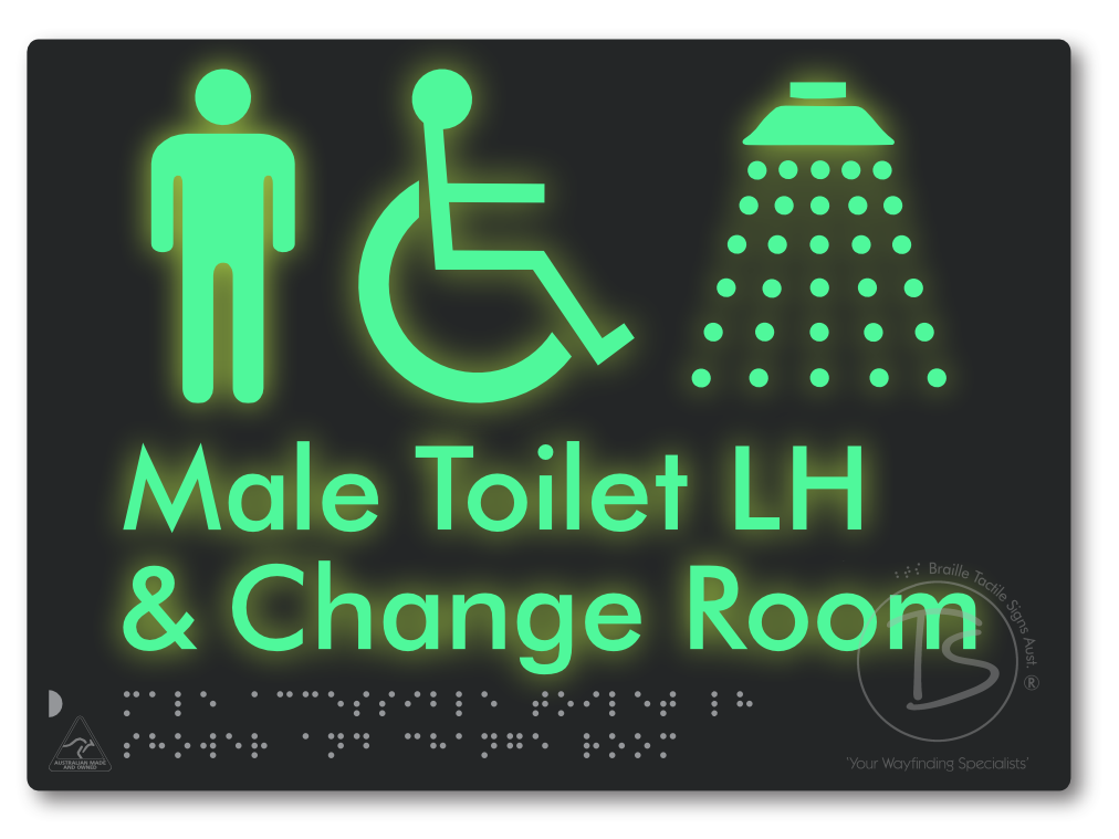 Male Accessible Toilet LH Shower & Change Room - Braille Tactile Signs Aust.