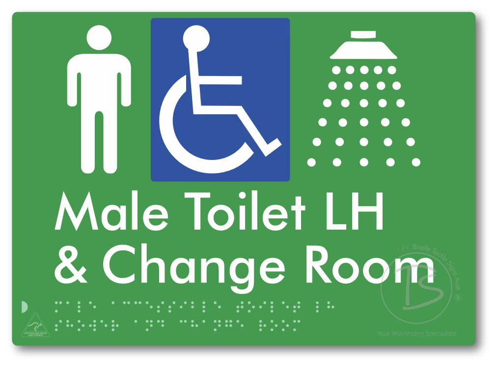 Male Accessible Toilet LH Shower & Change Room - Braille Tactile Signs Aust.