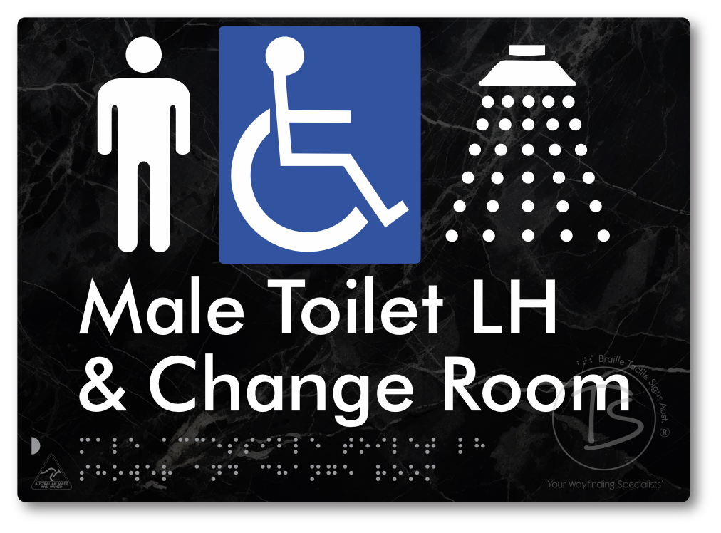 Male Accessible Toilet LH Shower & Change Room - Braille Tactile Signs Aust.