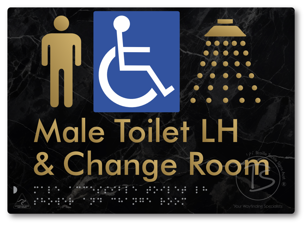 Male Accessible Toilet LH Shower & Change Room - Braille Tactile Signs Aust.