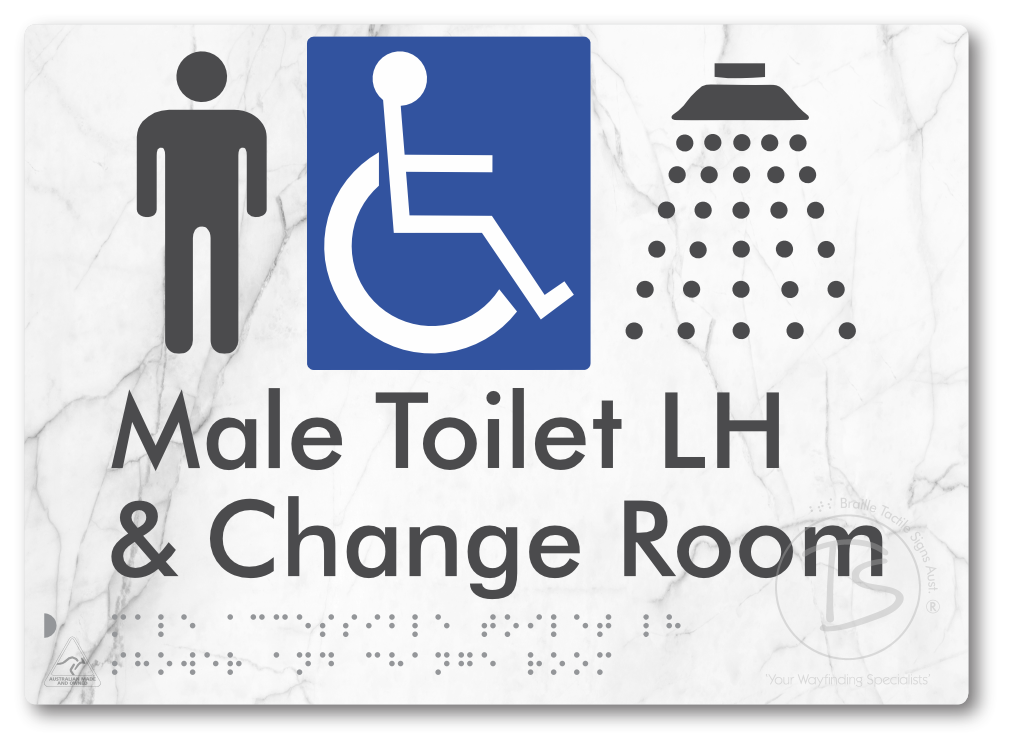 Male Accessible Toilet LH Shower & Change Room - Braille Tactile Signs Aust.
