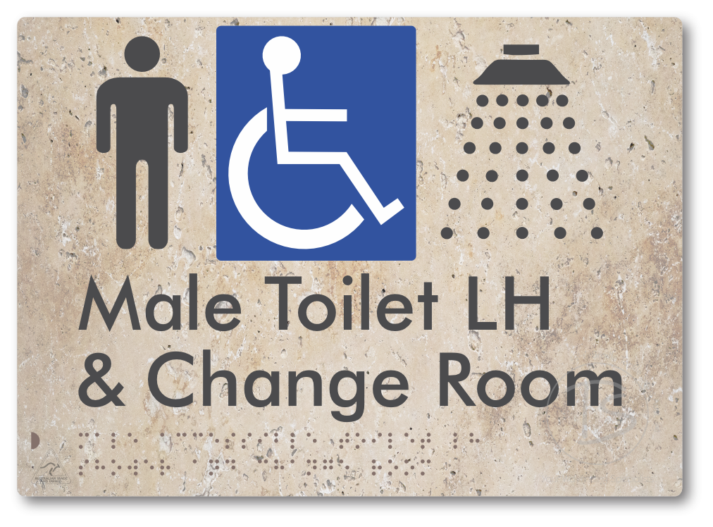 Male Accessible Toilet LH Shower & Change Room - Braille Tactile Signs Aust.