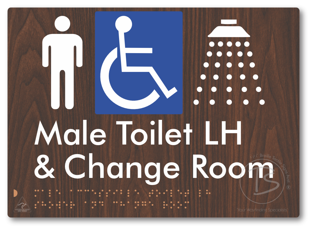 Male Accessible Toilet LH Shower & Change Room - Braille Tactile Signs Aust.
