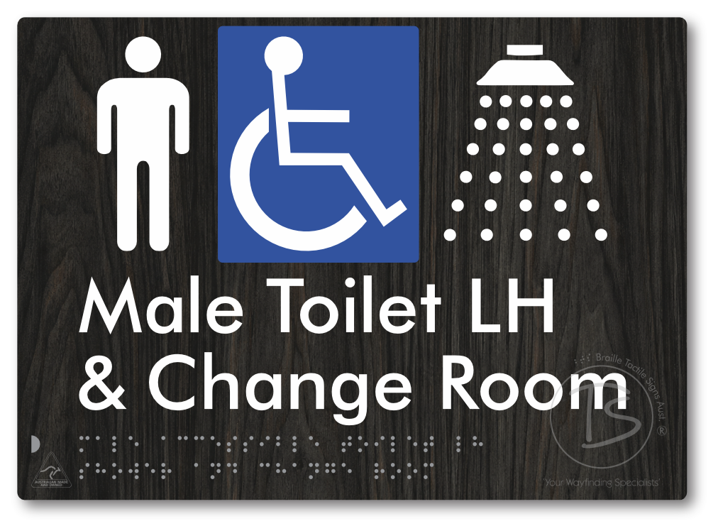 Male Accessible Toilet LH Shower & Change Room - Braille Tactile Signs Aust.