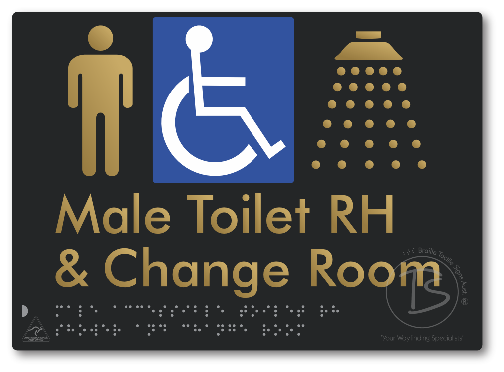 Male Accessible Toilet RH Shower & Change Room - Braille Tactile Signs Aust.