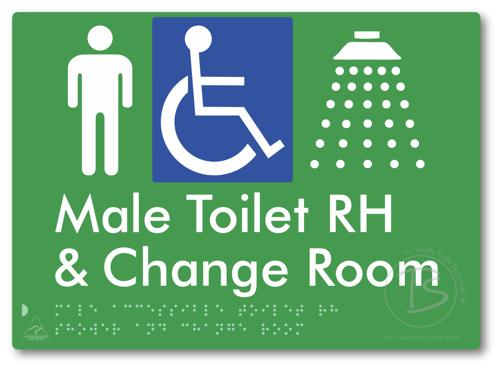 Male Accessible Toilet RH Shower & Change Room - Braille Tactile Signs Aust.