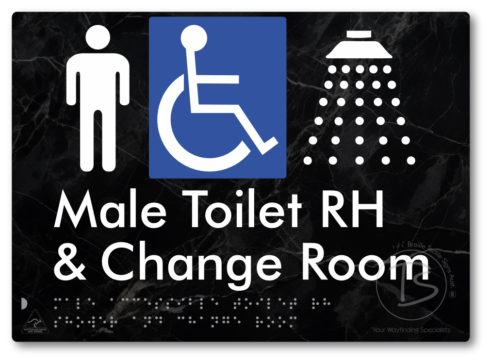 Male Accessible Toilet RH Shower & Change Room - Braille Tactile Signs Aust.