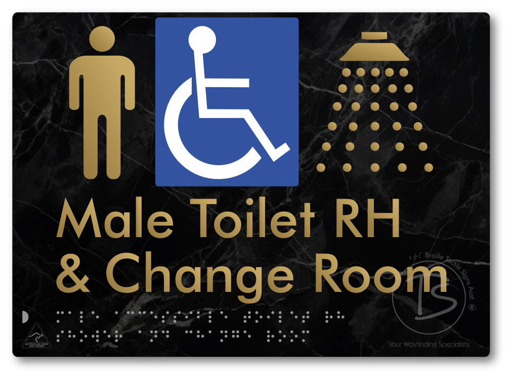 Male Accessible Toilet RH Shower & Change Room - Braille Tactile Signs Aust.