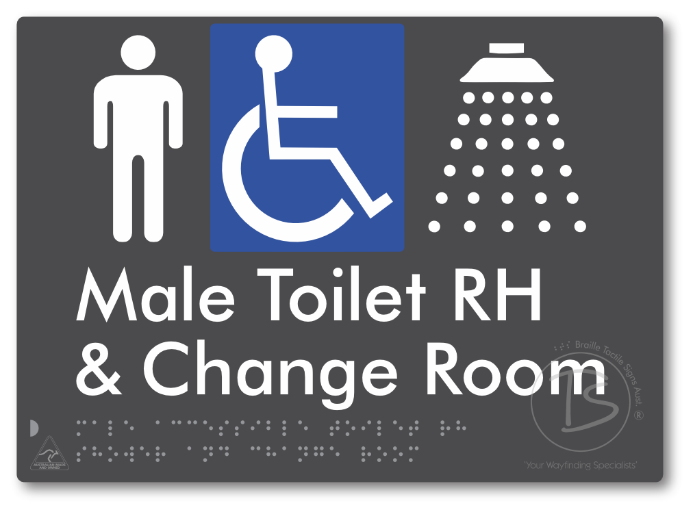 Male Accessible Toilet RH Shower & Change Room - Braille Tactile Signs Aust.