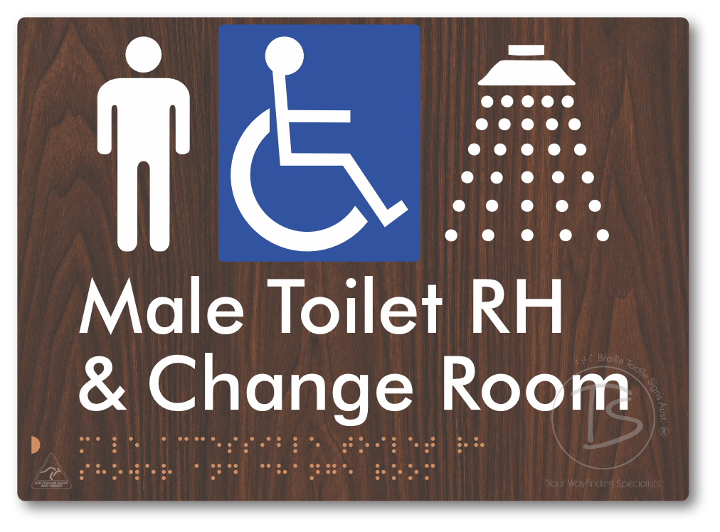 Male Accessible Toilet RH Shower & Change Room - Braille Tactile Signs Aust.