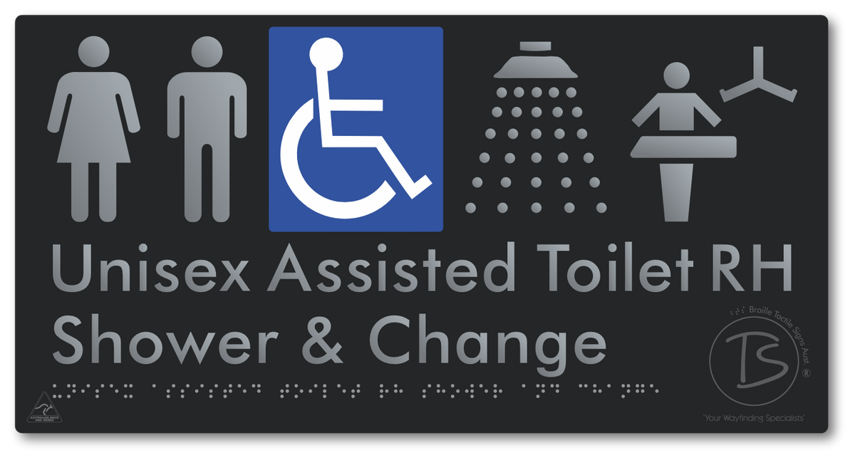 Unisex Assisted Toilet RH Shower & Change - Braille Tactile Signs Aust.