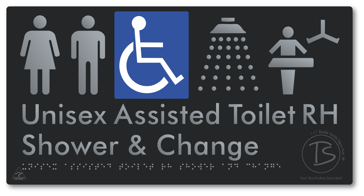 Unisex Assisted Toilet RH Shower & Change - Braille Tactile Signs Aust.