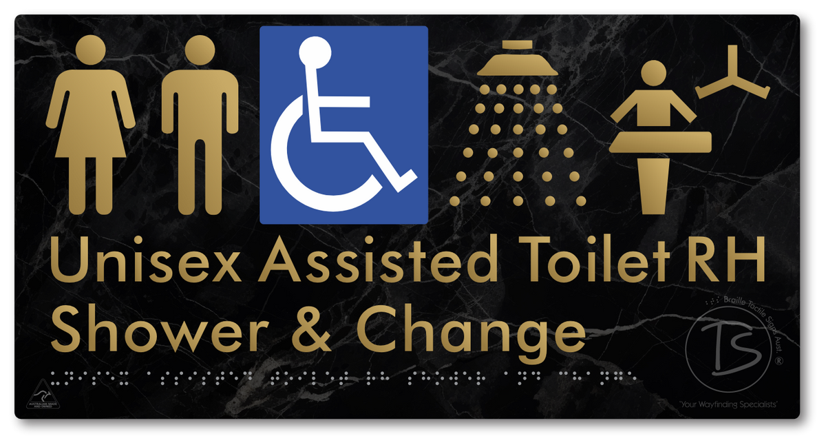 Unisex Assisted Toilet RH Shower & Change - Braille Tactile Signs Aust.