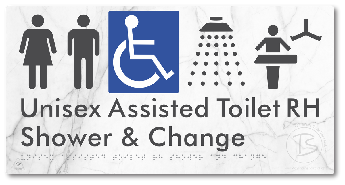 Unisex Assisted Toilet RH Shower & Change - Braille Tactile Signs Aust.