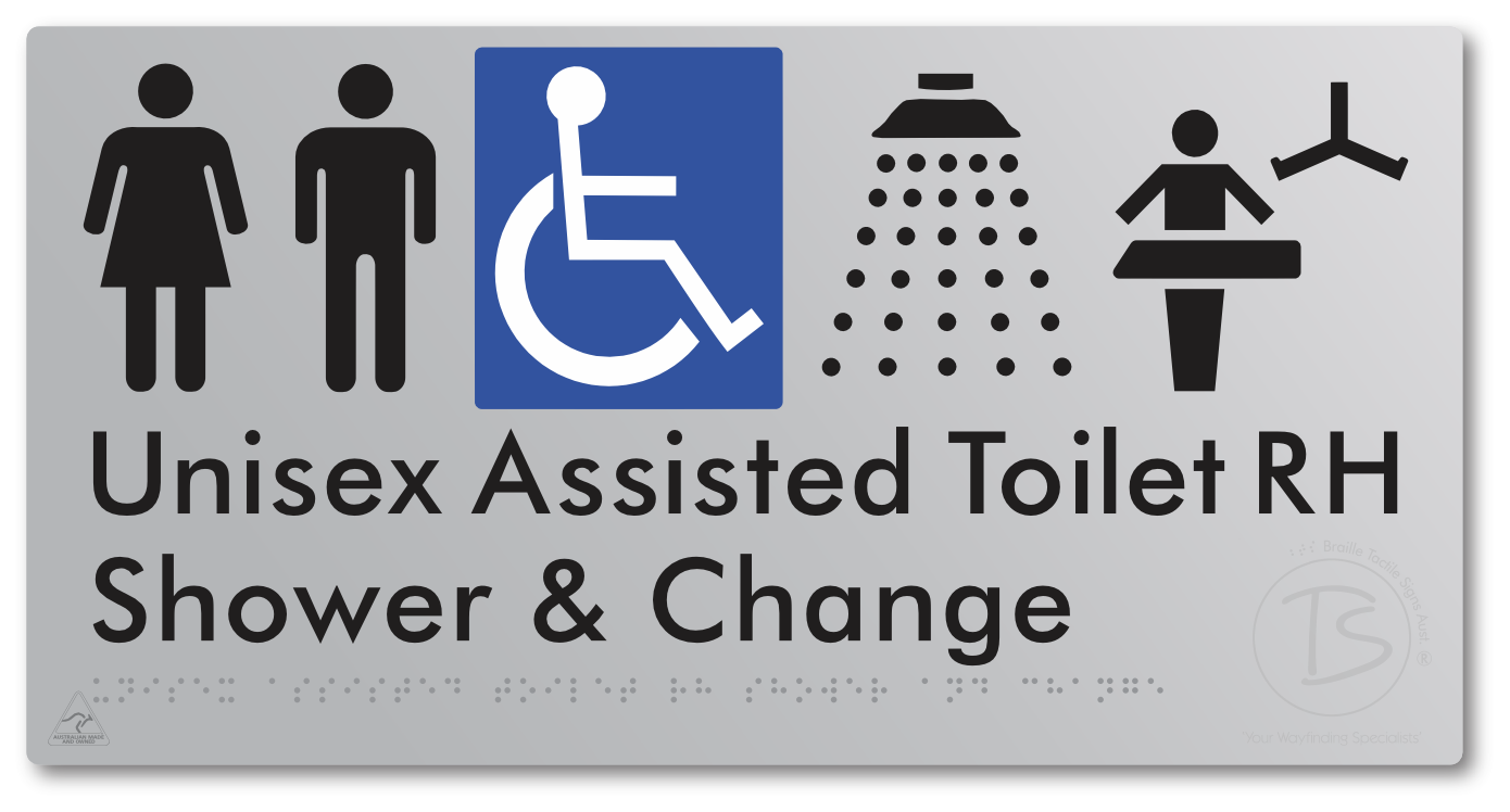 Unisex Assisted Toilet RH Shower & Change - Braille Tactile Signs Aust.