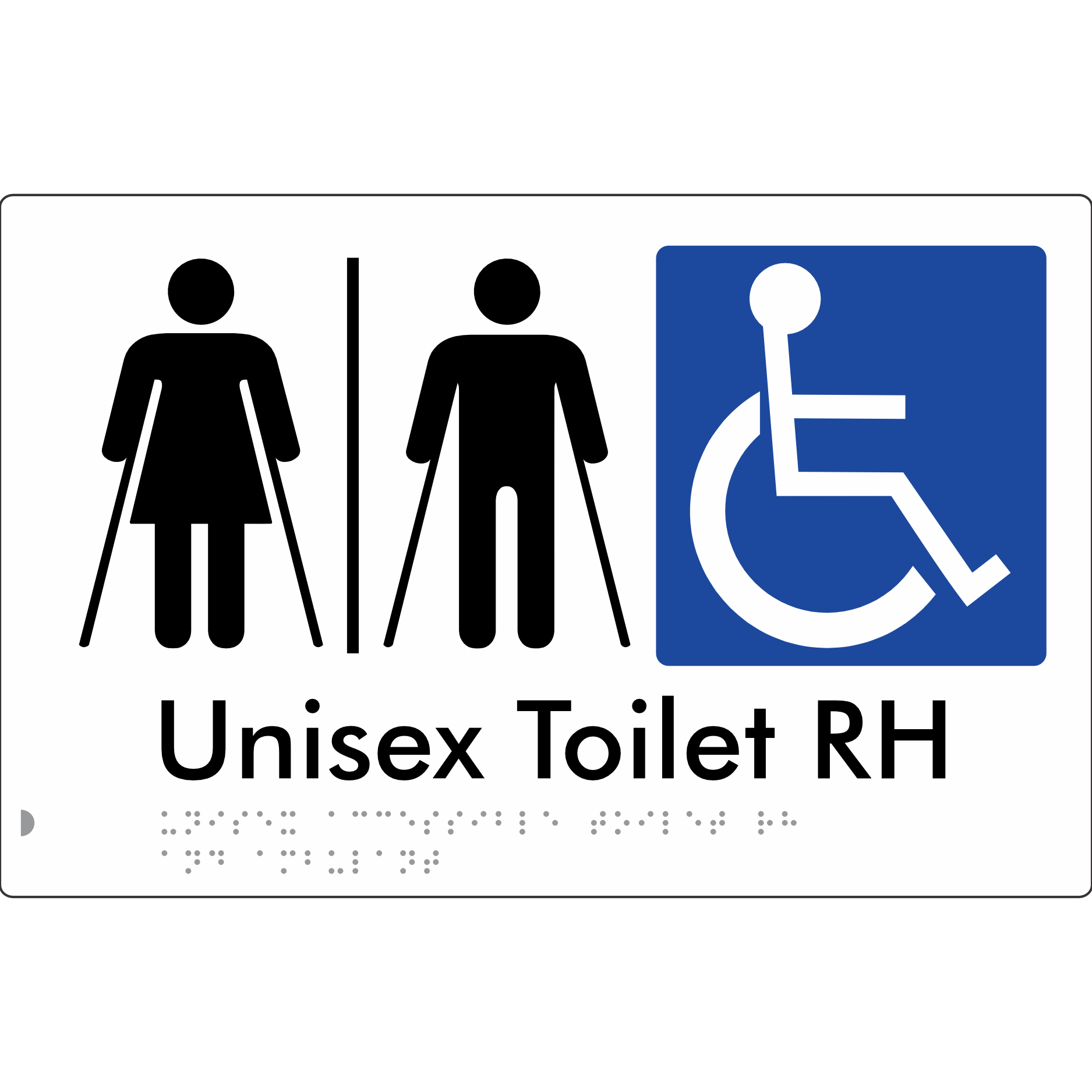 Unisex Accessible Toilet with Left (LH) or Right Hand Transfer (RH), Ambulant Cubicle and Airlock - Braille Tactile Signs Aust.