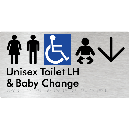 Unisex Accessible Toilet LH and Baby Change w/ Large Arrow: - Braille Tactile Signs Aust.