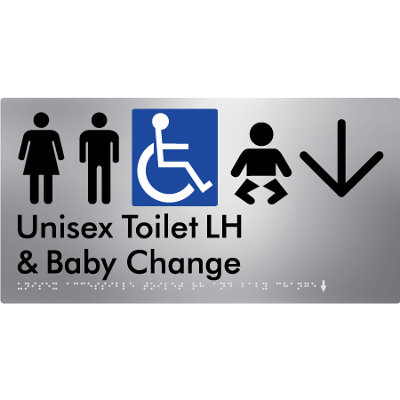 Unisex Accessible Toilet LH and Baby Change w/ Large Arrow: - Braille Tactile Signs Aust.