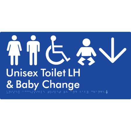 Unisex Accessible Toilet LH and Baby Change w/ Large Arrow: - Braille Tactile Signs Aust.