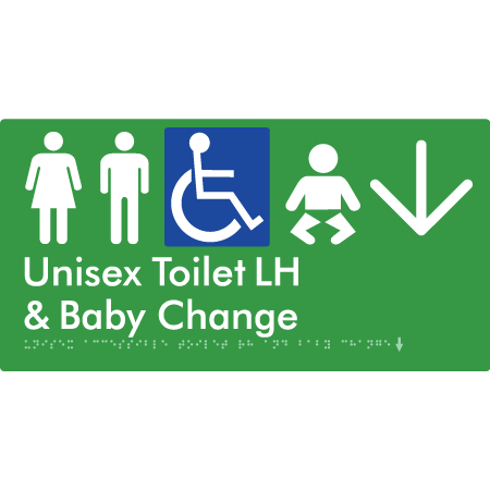 Unisex Accessible Toilet LH and Baby Change w/ Large Arrow: - Braille Tactile Signs Aust.