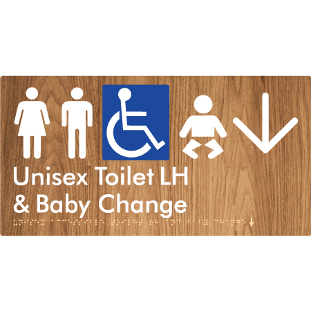 Unisex Accessible Toilet LH and Baby Change w/ Large Arrow: - Braille Tactile Signs Aust.