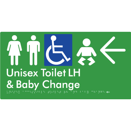 Unisex Accessible Toilet LH and Baby Change w/ Large Arrow: - Braille Tactile Signs Aust.
