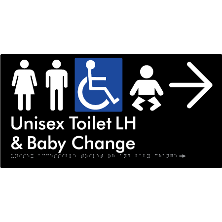 Unisex Accessible Toilet LH and Baby Change w/ Large Arrow: - Braille Tactile Signs Aust.