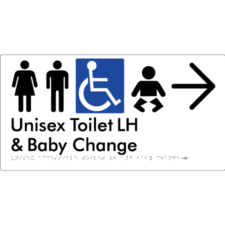 Unisex Accessible Toilet LH and Baby Change w/ Large Arrow: - Braille Tactile Signs Aust.