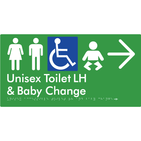 Unisex Accessible Toilet LH and Baby Change w/ Large Arrow: - Braille Tactile Signs Aust.