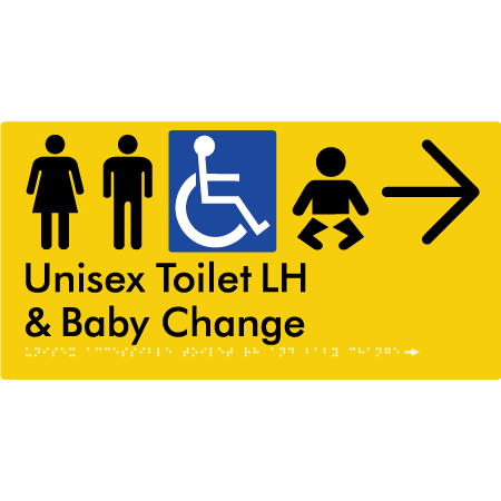 Unisex Accessible Toilet LH and Baby Change w/ Large Arrow: - Braille Tactile Signs Aust.