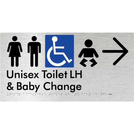 Unisex Accessible Toilet LH and Baby Change w/ Large Arrow: - Braille Tactile Signs Aust.