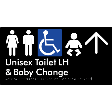 Unisex Accessible Toilet LH and Baby Change w/ Large Arrow: - Braille Tactile Signs Aust.
