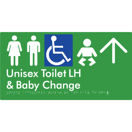 Unisex Accessible Toilet LH and Baby Change w/ Large Arrow: - Braille Tactile Signs Aust.