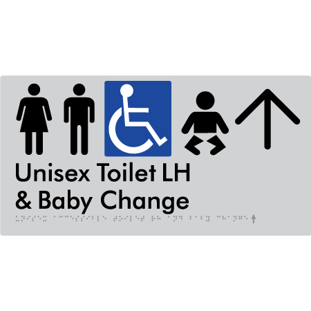 Unisex Accessible Toilet LH and Baby Change w/ Large Arrow: - Braille Tactile Signs Aust.