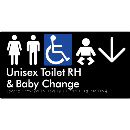 Unisex Accessible Toilet RH and Baby Change w/ Large Arrow: - Braille Tactile Signs Aust.