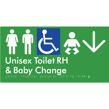 Unisex Accessible Toilet RH and Baby Change w/ Large Arrow: - Braille Tactile Signs Aust.